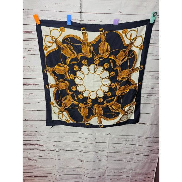 Italian Specialty House Square Polyester Navy Blue White Horse Saddle Gold Scarf - Picture 5 of 10